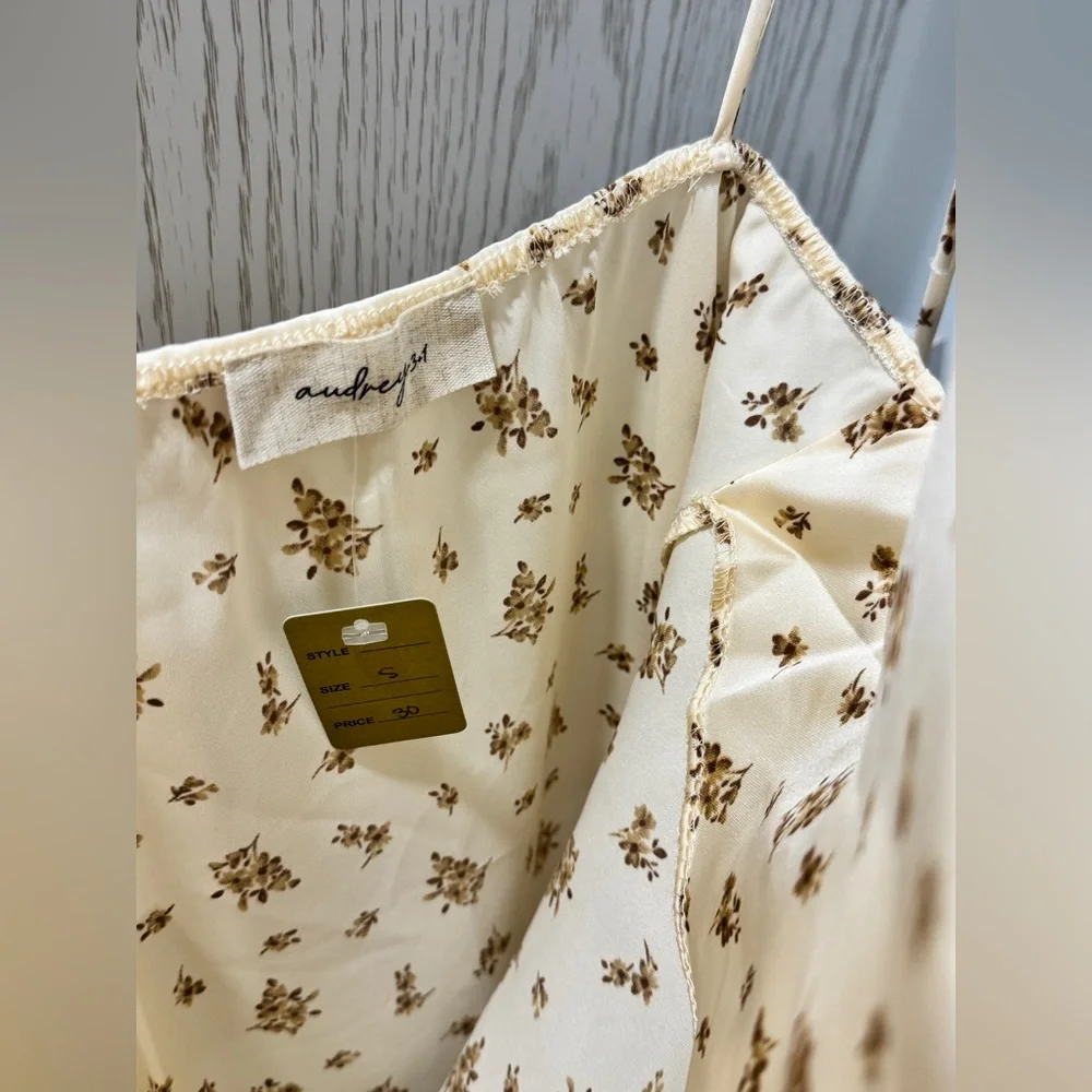 Brand New Champagne Beige Floral Cowl Neck Satin Slip Mini Dress Sleeveless - Picture 6 of 11